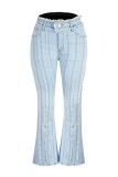 Jeans in denim regolare a vita alta casual con patchwork solido azzurro
