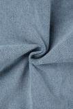 Темно-синие повседневные однотонные лоскутные карманные пуговицы с отложным воротником с коротким рукавом средней талии обычные джинсовые комбинезоны