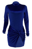 Blue Sexy Solid Patchwork Slit Mandarin Collar Long Sleeve Two Pieces