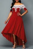 Rode casual borduurwerk patchwork off-shoulder onregelmatige jurkjurken