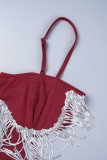 Burgundy Elegant Solid Tassel Hollowed Out Patchwork High Opening Spaghetti Strap Irregular Dress Dresses