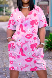 Vestido de manga corta con cuello en V estampado informal rosa