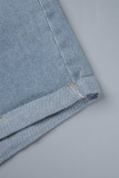 Baby Blue Casual Solido Patchwork Tasca Bottoni Colletto con risvolto Manica corta Vita media Tute di jeans regolari