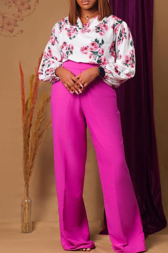 Rose Red Casual Print Patchwork O Neck Long Sleeve Two Pieces