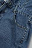Baby Blue Casual Solid Patchwork Pocket Buttons Turndown Collar Short Sleeve Mid Waist Regular Denim Jumpsuits