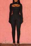 Black Casual Solid Hollowed Out Turtleneck Skinny Jumpsuits