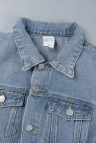 Dark Blue Casual Solid Patchwork Pocket Buttons Turndown Collar Short Sleeve Mid Waist Regular Denim Jumpsuits