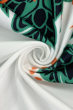 Green Elegant Print Patchwork Buckle Turndown Collar Long Sleeve Two Pieces