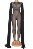 Zwarte elegante effen patchwork mesh hot-boor halve col skinny jumpsuits