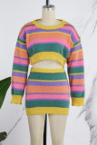 Green Casual Striped Patchwork Contrast O Neck Long Sleeve Two Pieces