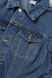 Azul escuro casual patchwork sólido botões de bolso gola redonda manga curta cintura média macacões jeans regulares