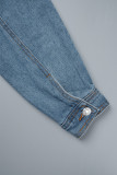 Giacca di jeans normale a maniche lunghe con colletto alla rovescia e patchwork solido casual blu cielo
