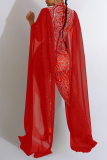 Rode elegante effen patchwork-mesh hete boor halve A coltrui skinny jumpsuits