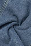 Azul escuro casual patchwork sólido botões de bolso gola redonda manga curta cintura média macacões jeans regulares