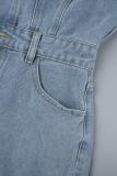 Dunkelblaue, lässige, solide Patchwork-Jeansoveralls mit Taschenknöpfen, Umlegekragen, kurzen Ärmeln und mittlerer Taille