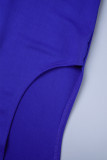 Blauwe Sexy Formele Solid Slit V-hals Avondjurkjurken