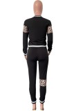 Black Casual Print Leopard Patchwork O Neck Long Sleeve Two Pieces