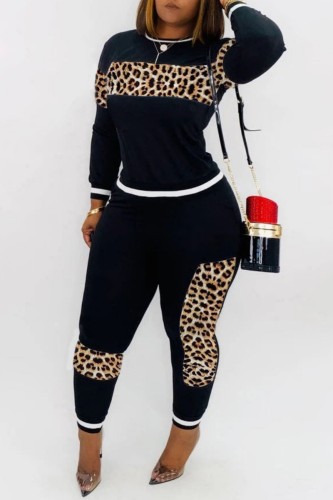 Black Casual Print Leopard Patchwork O Neck Long Sleeve Two Pieces