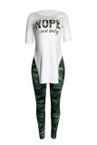 Green Casual Letter Print Slit Basic O Neck Short Sleeve Two Pieces