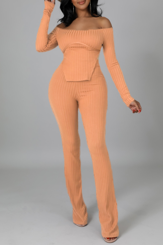 Tangerine Red Sexy Solid Patchwork Backless Off the Shoulder Long Sleeve Two Pieces