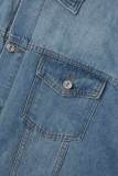 Giacca di jeans normale a maniche lunghe con colletto alla rovescia e patchwork solido casual blu cielo