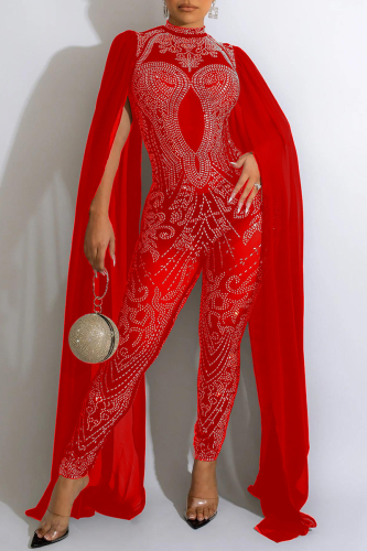 Red Elegant Solid Patchwork Mesh Hot Drill Half A Turtleneck Skinny Jumpsuits