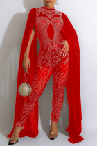 Rode elegante effen patchwork-mesh hete boor halve A coltrui skinny jumpsuits