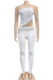 Witte elegante effen patchwork mesh hot-boor skinny jumpsuits met col