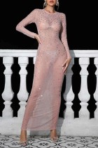 Rosa Sexig Patchwork Hot Drilling Genomskinlig O-hals långärmade klänningar