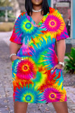 Kleur casual print patchwork jurk met V-hals en korte mouwen