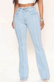 Lichtblauwe casual effen patchwork hoge taille regular denim jeans