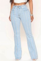 Jeans jeans regular azul claro casual patchwork sólido patchwork cintura alta