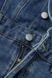 Dark Blue Casual Solid Patchwork Pocket Buttons Turndown Collar Short Sleeve Mid Waist Regular Romper Cargo Denim Jumpsuits
