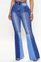 Blue Casual Patchwork Contrast High Waist Regular Denim Jeans (Subject To The Actual Object)