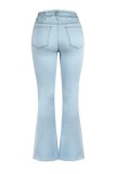Ljusblå Casual Solid Patchwork Vanliga jeans med hög midja