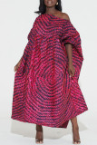 Paarse mode casual plus size print patchwork O-hals jurk met korte mouwen