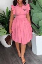ピンク カジュアル プリント レター ターンダウン カラー ウエスト スカート ドレス