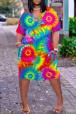 Vestido de manga corta con cuello en V y patchwork con estampado informal multicolor