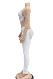 Witte elegante effen patchwork mesh hot-boor skinny jumpsuits met col