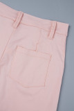 ピンク カジュアル ソリッド パッチワーク ポケット ボタン ターンダウン カラー 長袖 XNUMX 個
