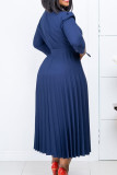 Piega patchwork solida elegante blu con cintura con scollo a V abiti a linea