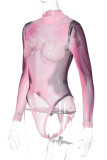 Rose Röd Sexig Street Print Patchwork Genomskinlig O-hals Skinny Bodysuits