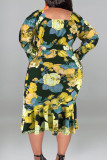 Желтое повседневное платье с уличным принтом в стиле пэчворк с поясом и U-образным вырезом Платья больших размеров