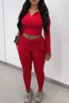 Red Street Print Patchwork Zipper Collar Long Sleeve Two Pieces