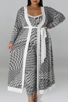Grey Plus Size Casual Street Gradual Change Striped Patchwork With Belt Printing Spaghetti Strap Plus Size Two Pieces