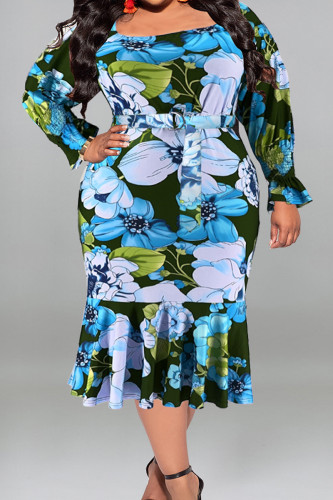 Peacock Blue Casual Street Print Patchwork With Belt U Neck Printed Dress Plus Size Dresses