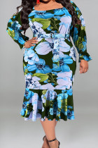 Pauwblauwe casual straatprint patchwork met riem U-hals bedrukte jurk Grote maten jurken