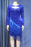 Королевский синий сексуальный элегантный однотонный вырез с блестками в стиле пэчворк на молнии с круглым вырезом и завернутой юбкой платья больших размеров
