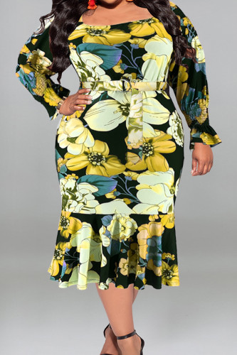 Yellow Casual Street Print Patchwork With Belt U Neck Printed Dress Plus Size Dresses