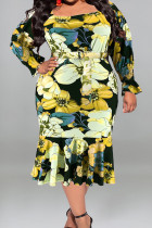 Gele casual straatprint patchwork met riem U-hals bedrukte jurk Grote maten jurken